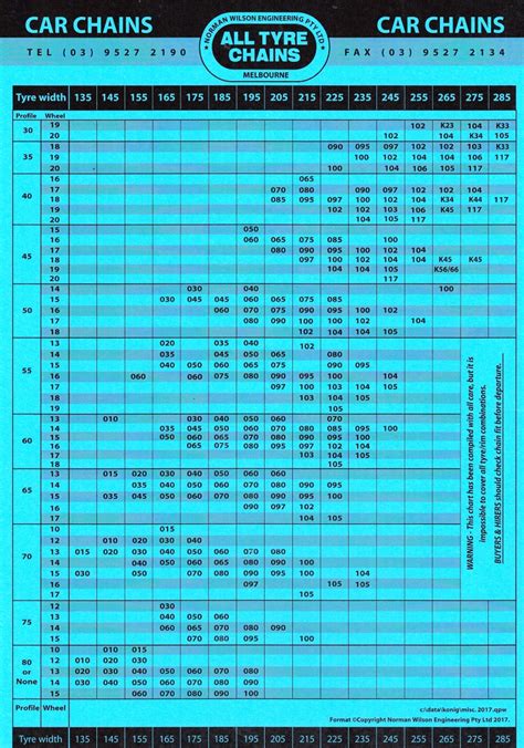 Peerless Snow Chain Size Chart | Printable Templates Free