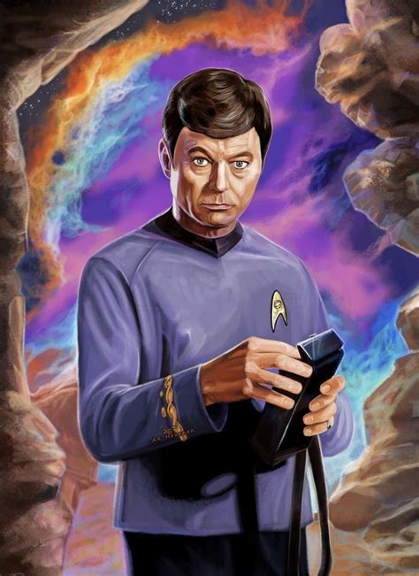 a painting of a man with a star trek uniform holding a remote control ...