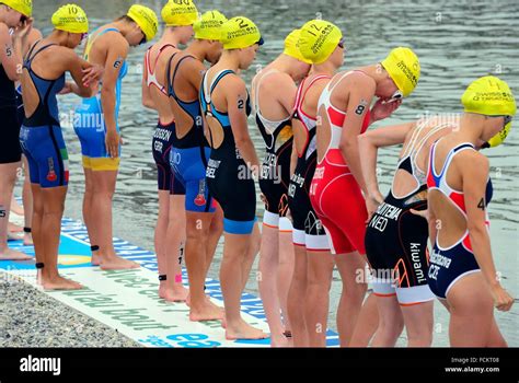 Europe, Switzerland, Geneva, women ready for swimming race start in ...