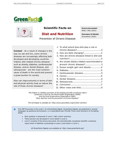 Diet and Nutrition - Prevention of Chronic Diseases