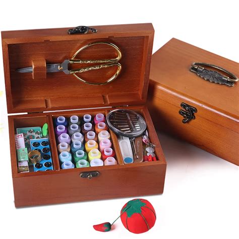 DIY Household Hand Sewing Box Kit Set Wood Box Sewing Kit Multifunction Threads Needle Scissor ...