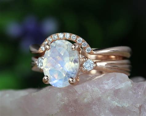 Rainbow Moonstone Wedding Ring Set, Antique Moonstone Engagement Ring ...