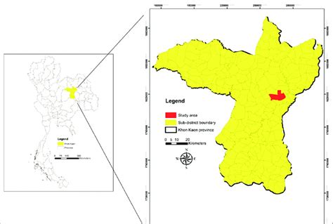 (a) Map of Thailand and the region of Khon Kaen Province with (b) the ...