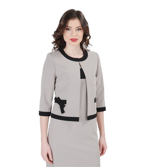 Elegant bolero with pockets and trim beige-grey - YOKKO