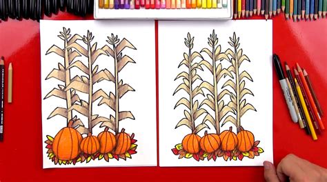 How To Draw Autumn Corn Stalks And Pumpkins (Harvest) - Art For Kids Hub