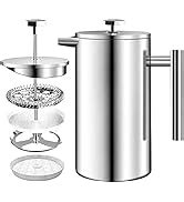 KICHLY Cafetiere 8 Cup Stainless Steel French Press Coffee Maker, Coffee Press with 3 Level ...