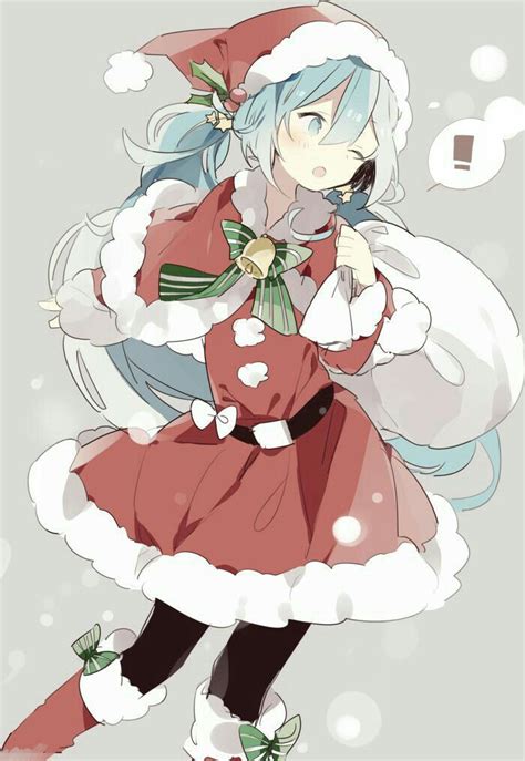 Merry Christmas, Hatsune Miku, Santa Claus, outfit, bag, cute, snowing ...