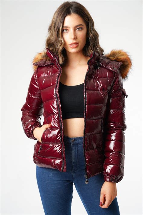 L&S Shiny Merlot Padded Puffer Coat with Detachable Faux Fur Hood ...