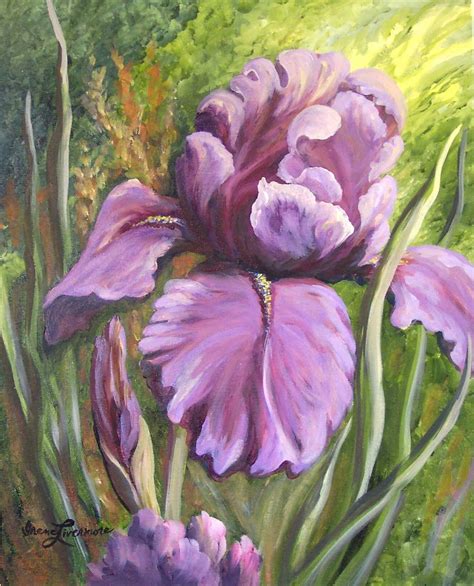 Purple Iris Original Realistic Still life Oil Painting Stretched Canvas - Paintings