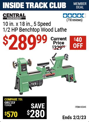 CENTRAL MACHINERY 10 in. x 18 in. 5 Speed 1/2 HP Benchtop Wood Lathe ...