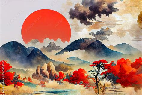 Mountains clouds and trees with red sun. Japanese Ukiyo-e, landscape, art prints. Oriental ...