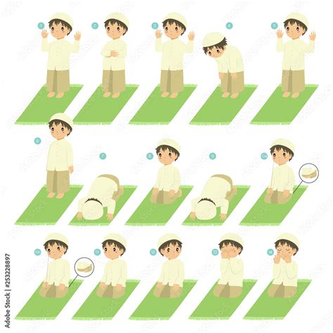 Muslim boy perform prayer or salat steps. Islamic prayer or salat guide for children vector ...