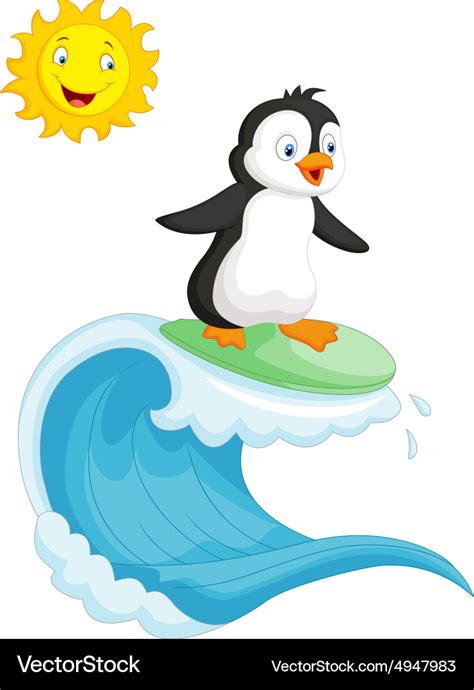 Happy penguin cartoon surfing Royalty Free Vector Image