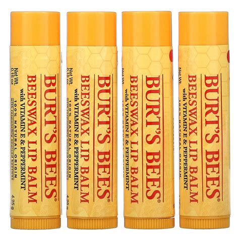 Burt's Bees, Beeswax Lip Balm with Vitamin E & Peppermint, 4 Pack, 0.15 oz (4.25 g) Each