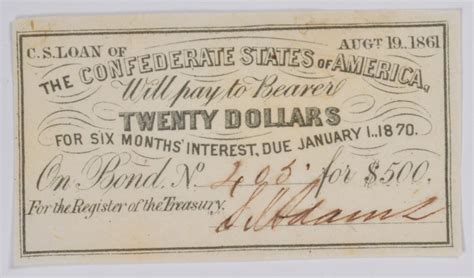 AUTHENTIC - 1861 Confederate States - Civil War 20 Bond Certificate ...