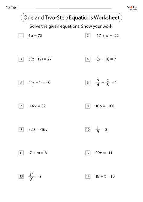 One and Two Step Equations Worksheets - Math Monks