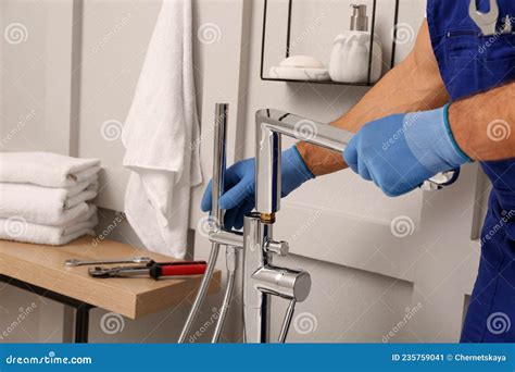 Professional Plumber Installing Water Tap in Bathroom, Closeup Stock Image - Image of male ...