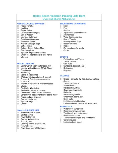 Printable Packing List For Beach Vacation - Free Printable Download