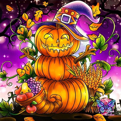 a painting of a pumpkin sitting on top of a pile of leaves and flowers ...