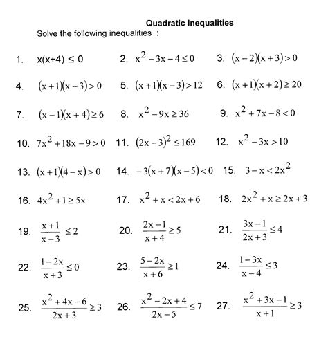 Solving Quadratic Inequalities Worksheets