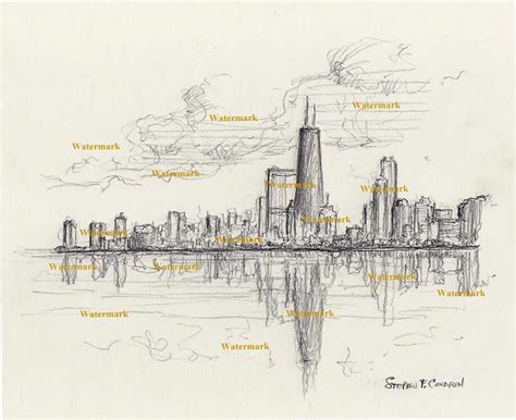 Chicago skyline pencil drawing & John Hancock Center