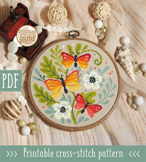 Butterfly Flowers Cross Stitch Pattern – Stitchingland