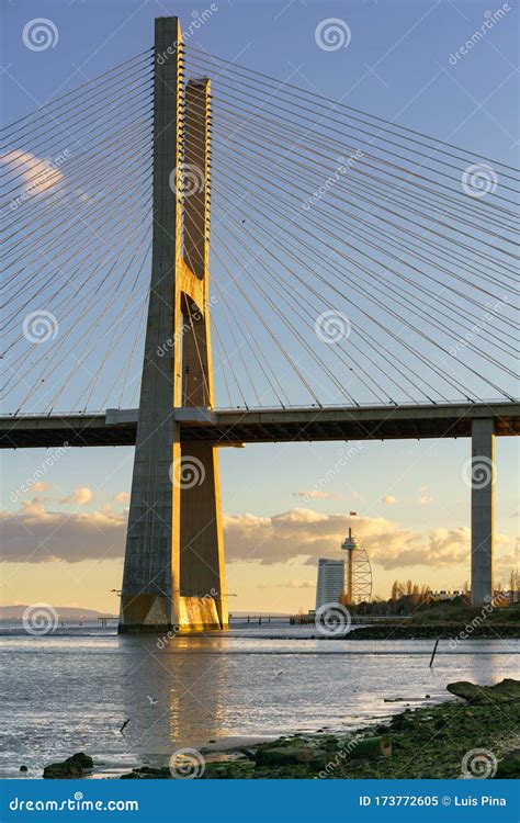 Ponte Vasco Da Gama Bridge View Near the Rio Tejo River at Sunset, Portugal Stock Image - Image ...