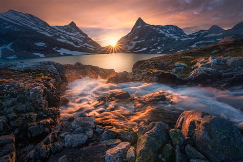 Download Norway Stream Lake Mountain Sunset Nature Sunbeam HD Wallpaper