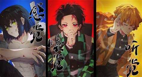 Download Zenitsu, Tanjiro and Inosuke - The Demon Slayer Trio Wallpaper | Wallpapers.com