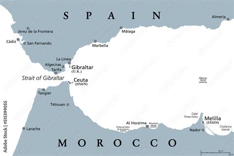 Obraz na płótnie Strait of Gibraltar, gray political map. Also known as Straits of Gibraltar. A ...