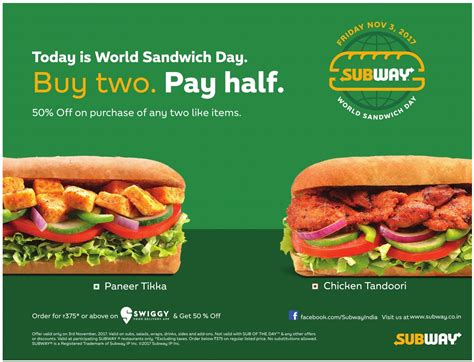 Subway Today Is World Sandwich Day Buy Two Pay Half 50% Off On Purchase Of Any Two Like Items Ad ...