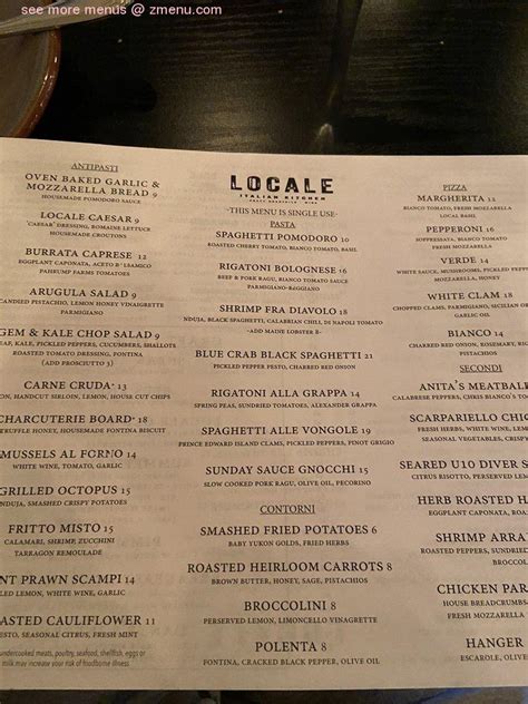 Menu at Locale Italian Kitchen restaurant, Las Vegas