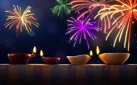 Diwali Celebration With Diya Lamps And Fireworks Stock Photo - Download ...