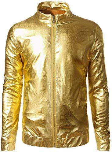 Chic Keepline Men's Gold Zipper Jacket Hooded Metallic Hip Hop Nightclub Dancing Party Jackets ...