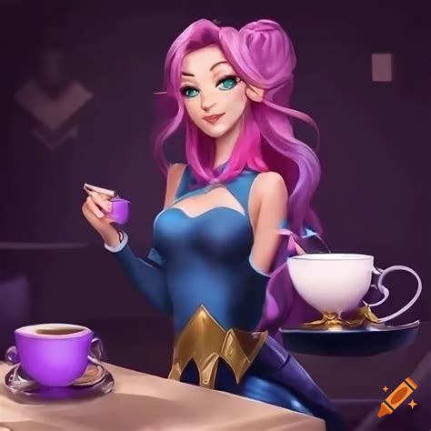 Artwork of seraphine and soraka having coffee in a modern cafe on Craiyon