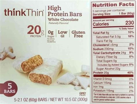 The updated Nutrition Facts label, as seen on thinkThin White Chocolate High Protein Bars. Image ...