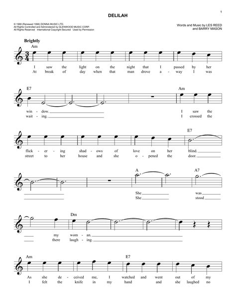 Delilah by Tom Jones Sheet Music for Easy Lead Sheet / Fake Book at ...