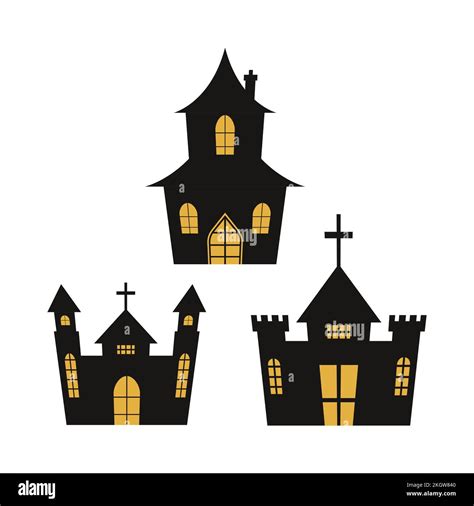 Halloween spooky castle silhouette design with black and yellow color. Haunted castle silhouette ...