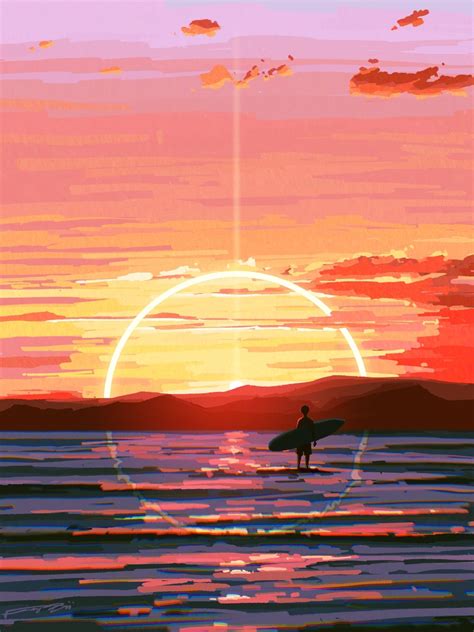 sunset, sunset glow, surfboards, clouds, sky, water, artwork HD Phone Wallpaper | Rare Gallery