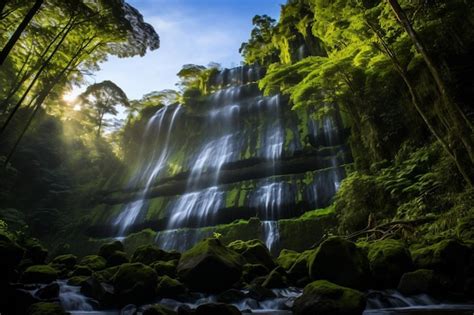 Premium AI Image | a waterfall in the middle of a lush green forest