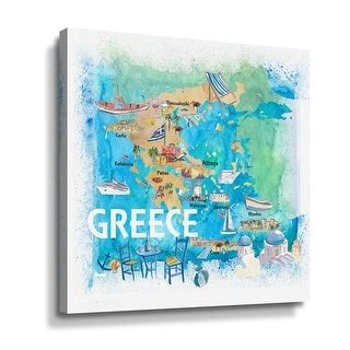 Greece Illustrated Map with Landmarks and Highlights Gallery Wrapped Canvas - Multi-Color - Bed ...