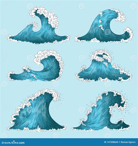 Hand Drawn Sea Wave. Sketch Ocean Storm Waves, Marine Water Splash Isolated Design Elements ...