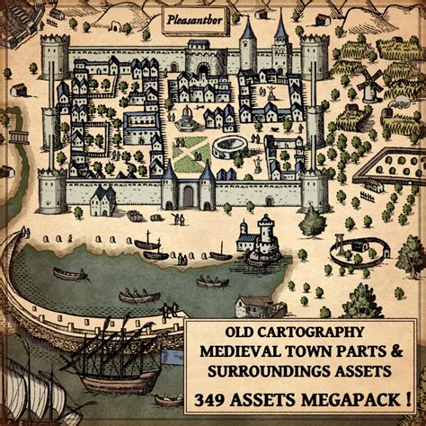 Old Cartography Medieval Town Parts & Surroundings Assets