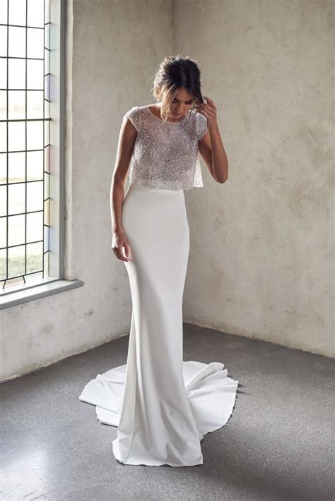 Cap Sleeve Illusion Neckline Two Piece Sheath Wedding Dress With Beaded Top | Kleinfeld Bridal