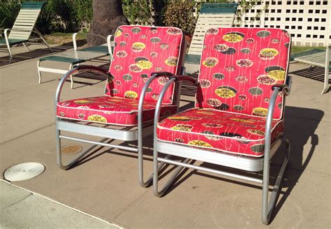 Vintage 1950s patio / pool / lawn / garden / porch chairs with atomic barkcloth / bark cloth ...