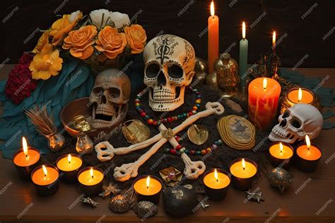 Premium AI Image | Day of the dead altar with offerings and candles for loved ones