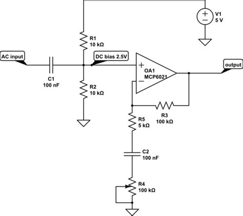 op amp - How to amplify a small AC (no DC offset) wave with an op-amp powered from a 0-5V rail ...