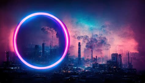 Premium Photo | Raster illustration of neon round lamp in the sky over a dirty city neon round ...