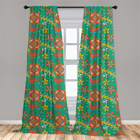 Colorful Curtains 2 Panels Set, Doodle Style Flower Drawing with ...