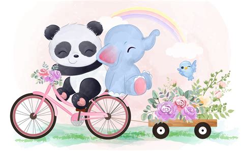 Adorable baby panda and elephant are playing together 7178350 Vector Art at Vecteezy